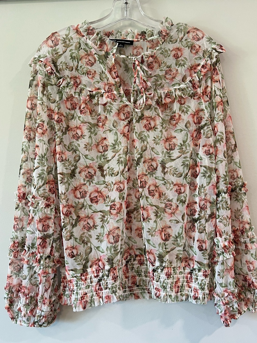 Floral Ruffle Tie-Neck Blouse - Sheer Pink/Green, xl